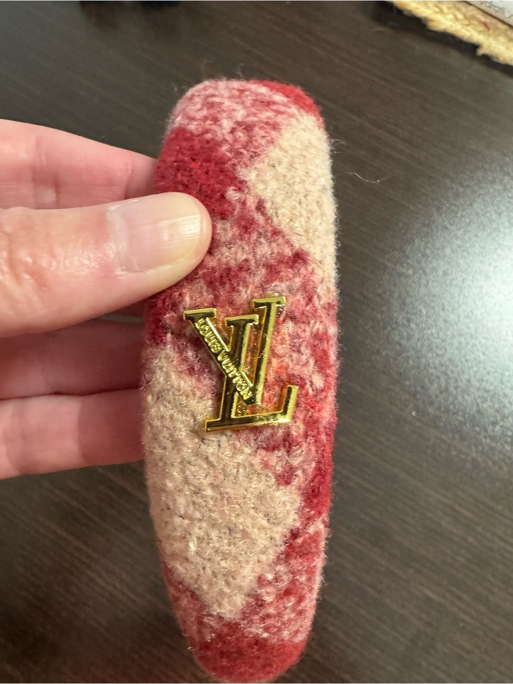 Louis Vuitton Pink and Red Wool-Blend Padded Headband with Gold LV Logo